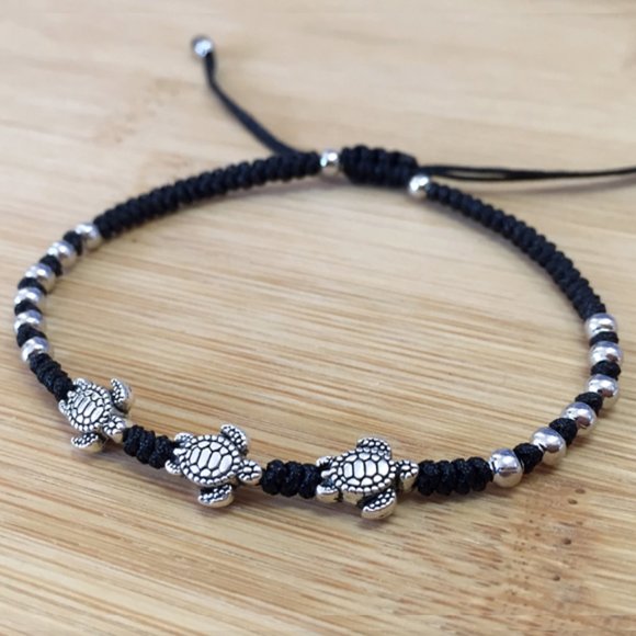 Braided Silver Turtle Black String Adjustable Bracelet - Picture 3 of 3